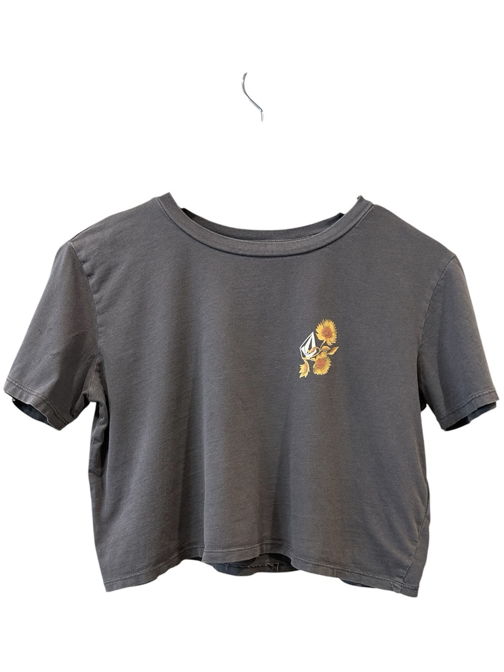 Volcom Cropped Short Sleeve T-Shirt Yellow Floral Stone Graphic Women’s Size XS